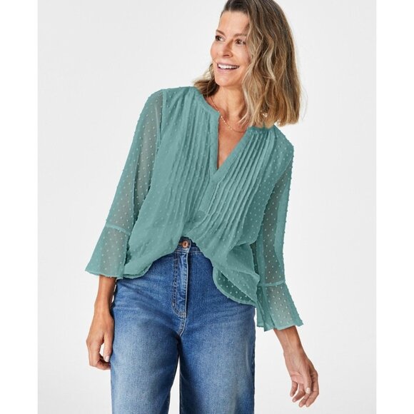 Style & Co Womens Petite Textured Pintuck Ruffle Sleeve Top Sea Spray Size S NWT - Picture 2 of 3